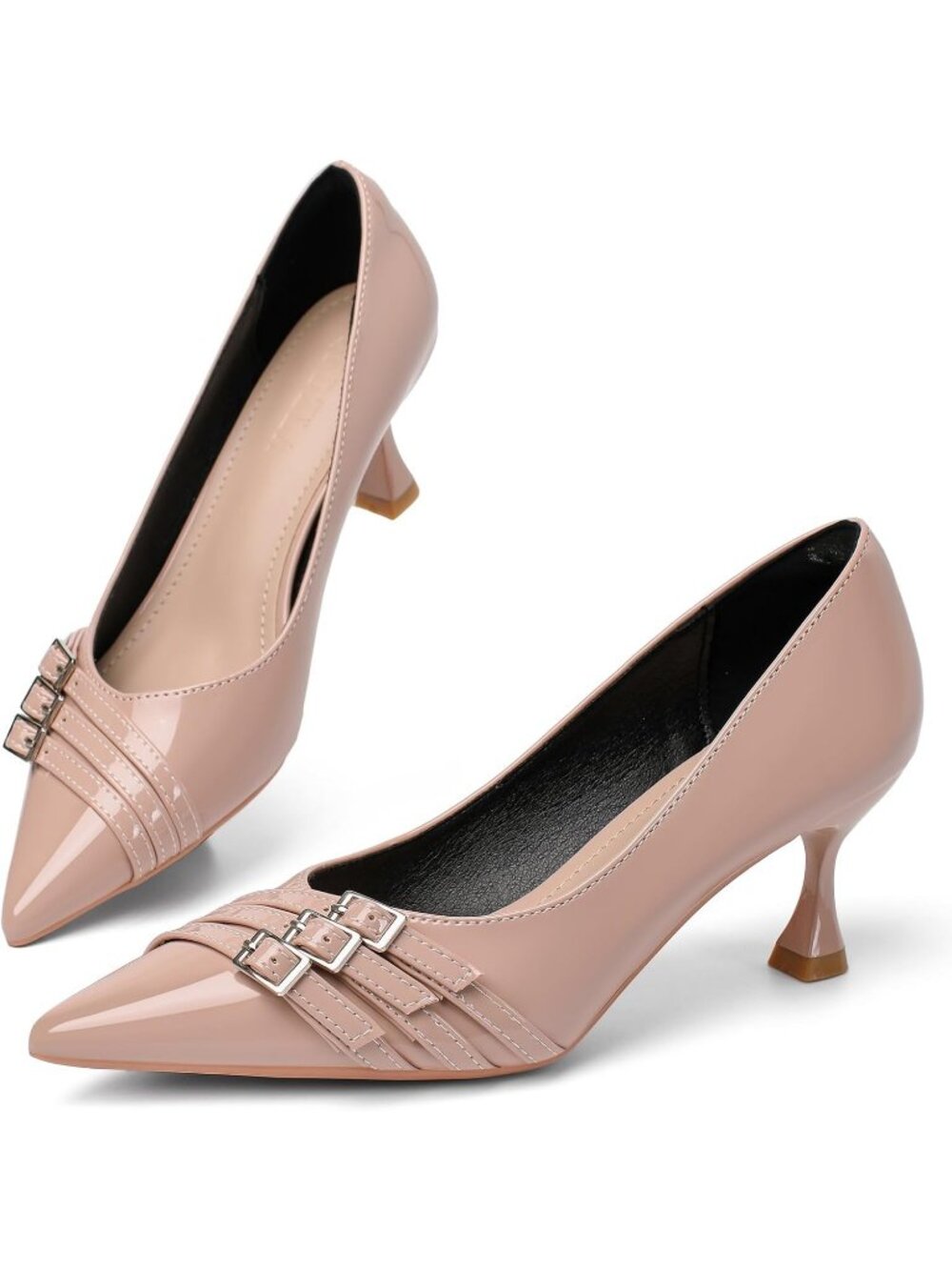 Women's Nude Leather Kitten Heels Comfortable Closed Pointed Toe Pumps Shoes